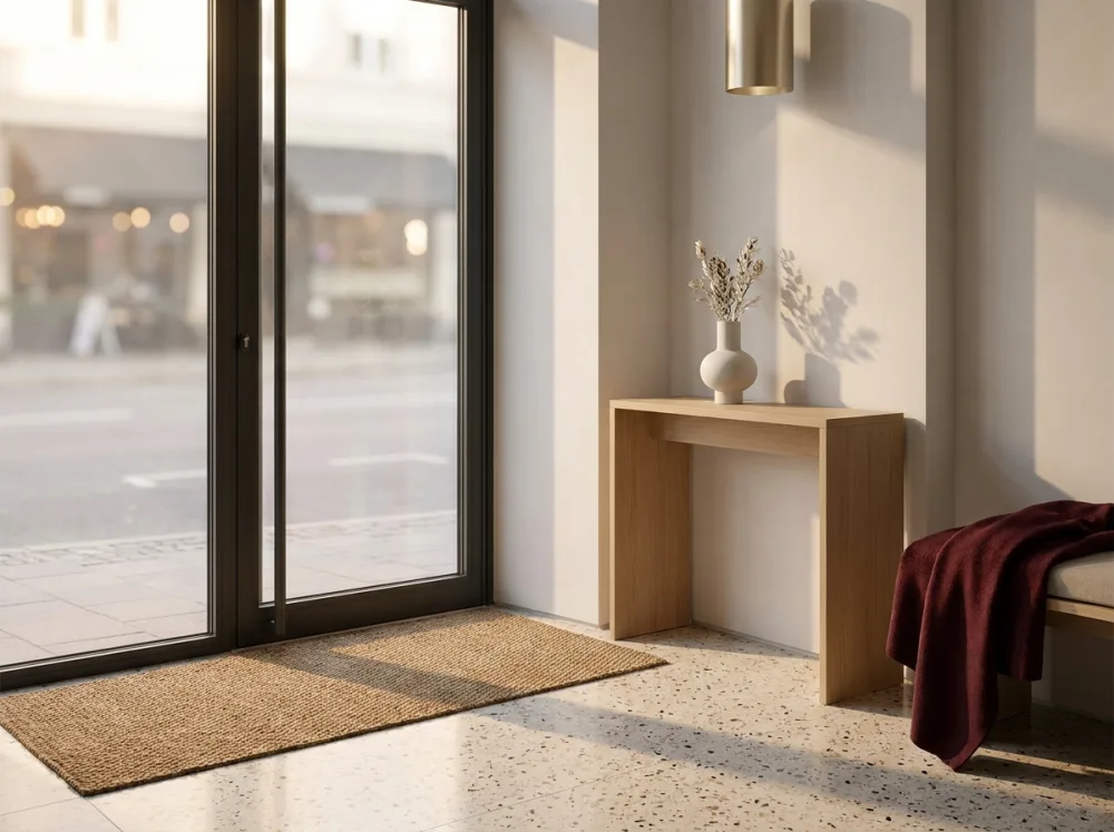 Eingangsbereich eines YASZEY® Beauty Studios von innen: hohe Glastür, Konsole mit Keramikvase, warmes Abendlicht auf dem Terrazzoboden